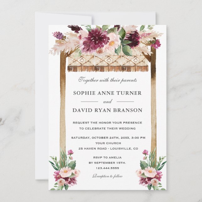 Invitación Elegante acuarela Canopy Burgundy Flowers Boda (Anverso)
