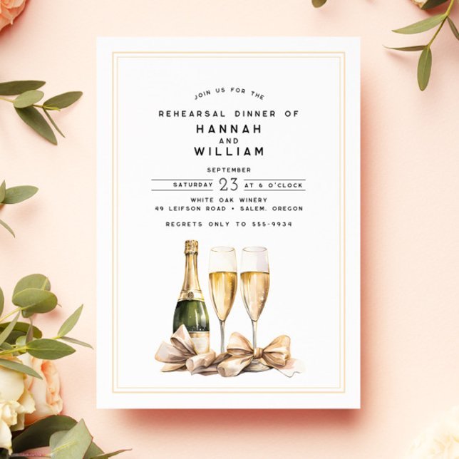 Invitación Elegante acuarela Champagne Bow Ensayo Cena (Subido por el creador)