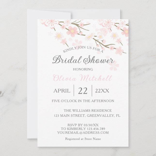 Invitación Elegante acuarela Cherry Blossom Bridal Shower (Anverso)
