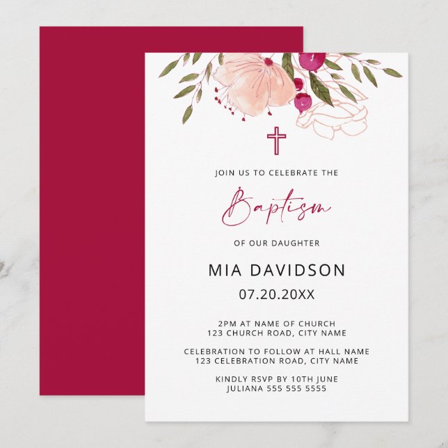 Invitación Elegante acuarela Chica floral rosa bautismo Invit (Anverso / Reverso)