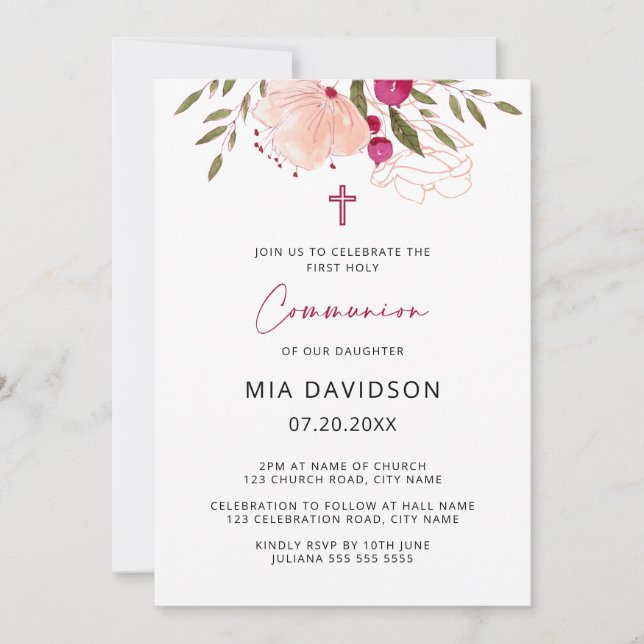 Invitación Elegante acuarela Chica floral rosa Comunión Invi (Anverso)