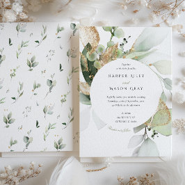 Invitación Elegante acuarela Círculo Verde Foliage de Oro