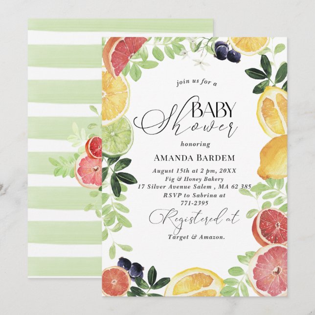 Invitación Elegante acuarela Citrus ducha de bebé (Anverso / Reverso)