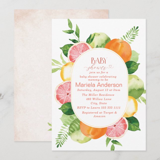Invitación Elegante acuarela Citrus Flores rosadas Baby Show (Anverso / Reverso)