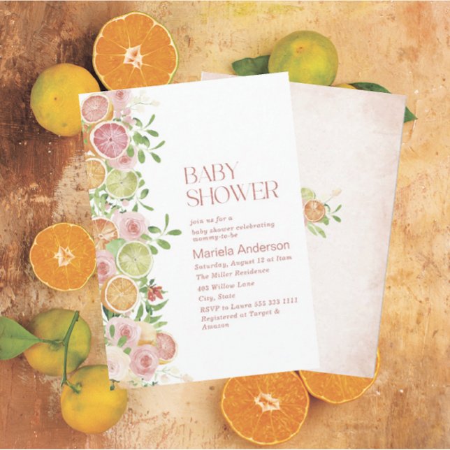 Invitación Elegante acuarela Citrus Flores rosadas Baby Show (Subido por el creador)