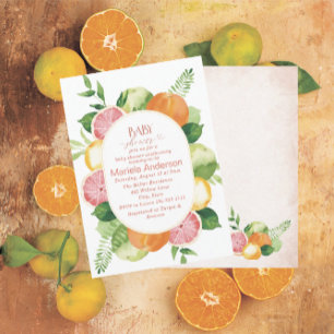 Invitación Elegante acuarela Citrus Flores rosadas Baby Show