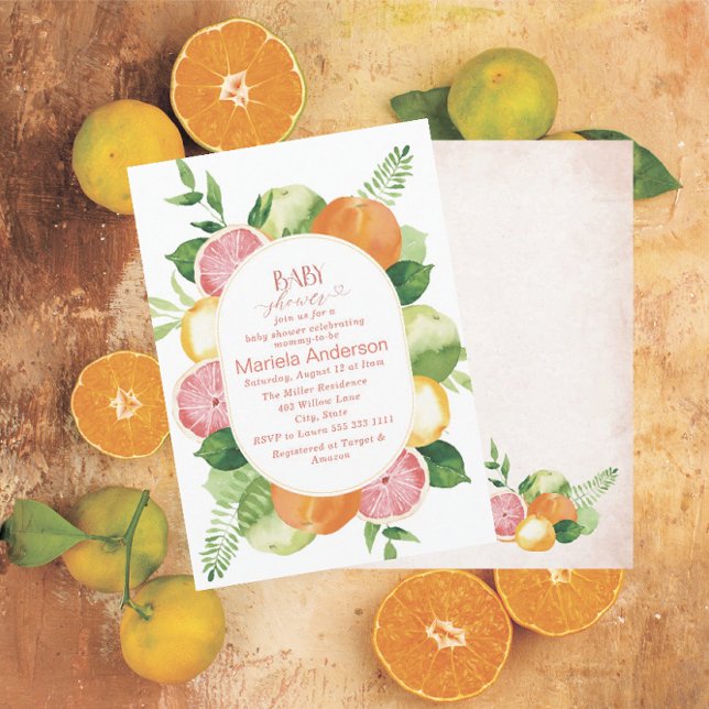 Invitación Elegante acuarela Citrus Flores rosadas Baby Show (Subido por el creador)