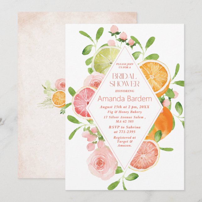Invitación Elegante acuarela Citrus Flores rosadas chiringuit (Anverso / Reverso)
