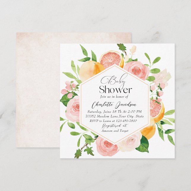 Invitación Elegante acuarela Citrus Flores rosas Baby Shower (Anverso / Reverso)