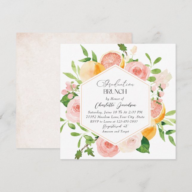 Invitación Elegante acuarela Citrus Flores rosas Graduación (Anverso / Reverso)