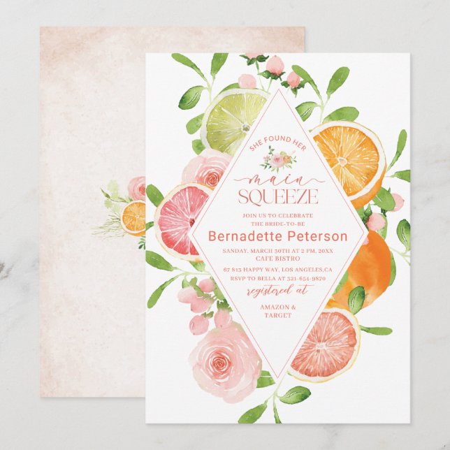 Invitación Elegante acuarela Citrus Flores rosas Nodal Sho (Anverso / Reverso)