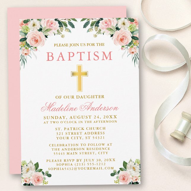 Invitación Elegante acuarela Color blanco rosado Bautismo flo (Customize to change text color, size, style or to change color of back of card.)