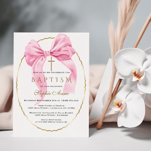 Invitación Elegante acuarela color rosa Bow dorado bautismo C