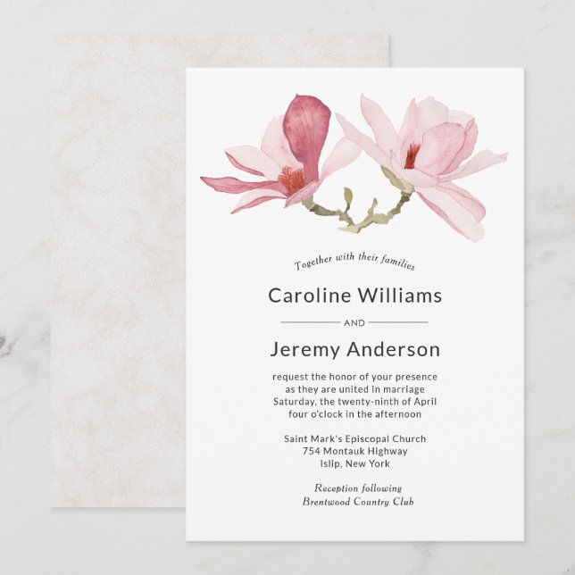 Invitación Elegante acuarela color rosa Magnolia Boda (Anverso / Reverso)