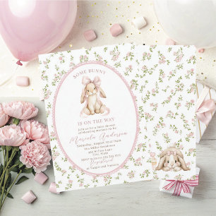 Invitación Elegante acuarela conejo lazo rosa Baby Shower
