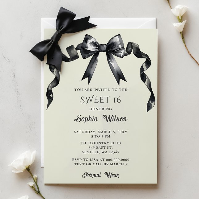 Invitación Elegante acuarela Coquette Black Bow Sweet 16 (Elegant Watercolor Coquette Black Bow Sweet 16 Invitation)