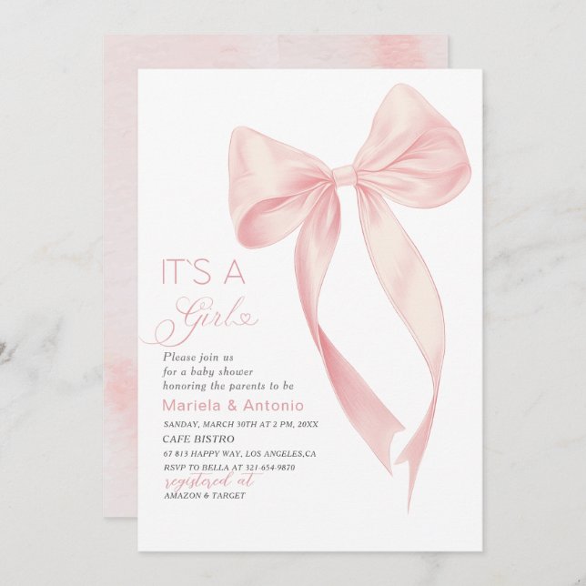 Invitación Elegante acuarela Coquette Chica Bow Rosa Sh (Anverso / Reverso)