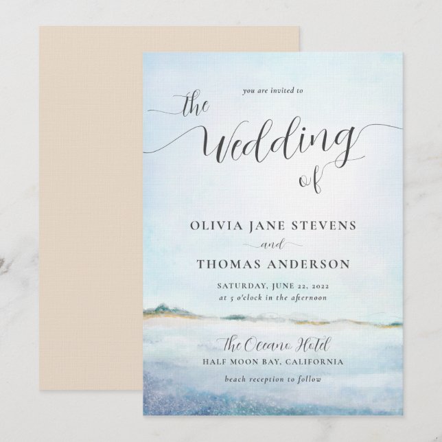 Invitación Elegante acuarela costera Boda veraniega de playa (Anverso / Reverso)