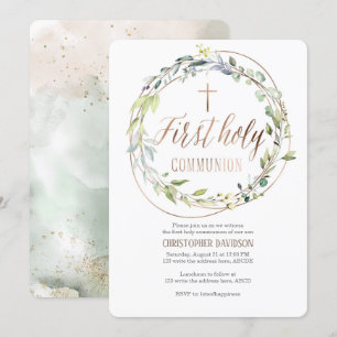 Invitación Elegante, acuarela, cruz, primera comunión
