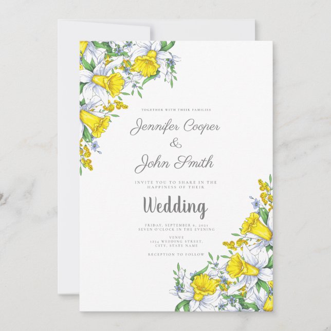 Invitación Elegante acuarela Daffodil Boda Floral (Anverso)