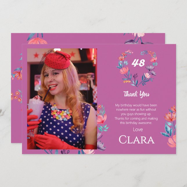 Invitación Elegante acuarela de corazón floral cumpleaños gra (Anverso / Reverso)