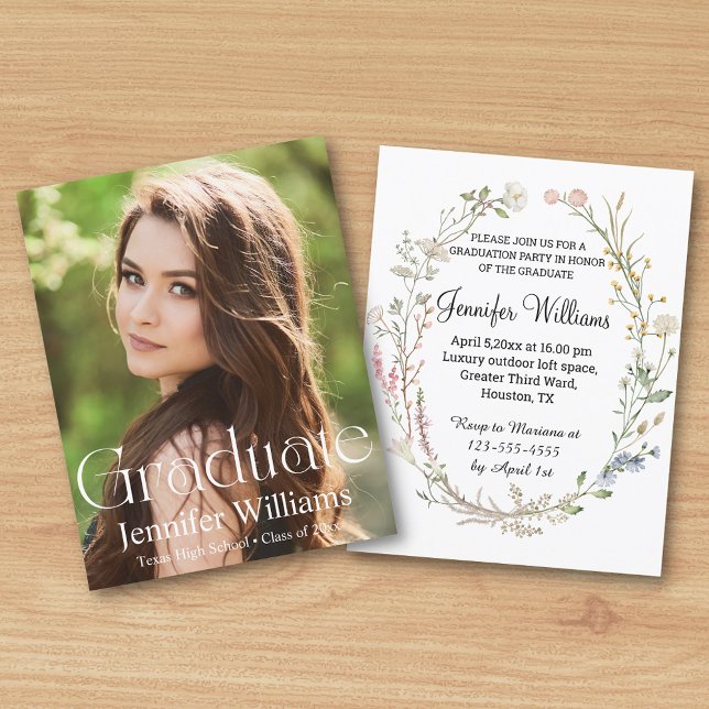 Invitación elegante acuarela de flores silvestres foto Gradua (Subido por el creador)