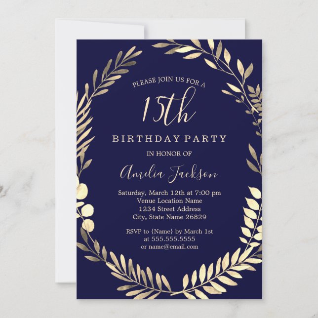 Invitación Elegante acuarela de oro de la Marina 15 cumpleaño (Anverso)
