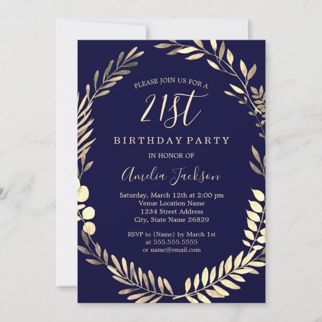 Invitación Elegante acuarela de oro de la marina 21º cumpleañ (Anverso)