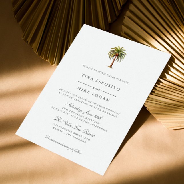 Invitación Elegante acuarela de palmera tropical Ocean Beach (Chic Watercolor Palm Tree Wedding Invitations for Your Tropical Beach Celebration)