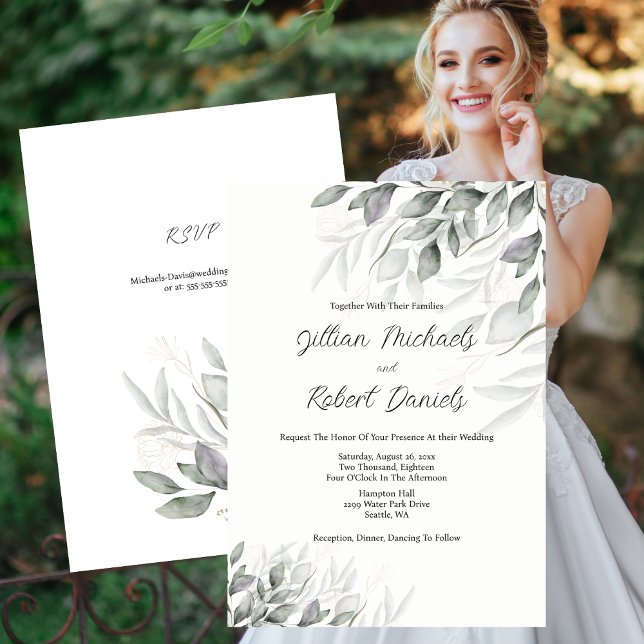 Invitación Elegante acuarela deja Boda con RSVP (Elegant Watercolor Leaves Wedding with RSVP Invitation)