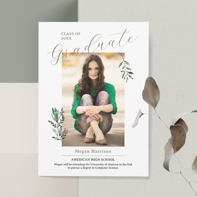 Invitación Elegante acuarela deja foto graduación (Subido por el creador)