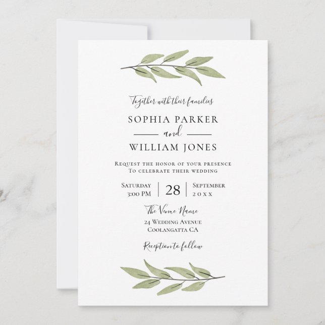 Invitación Elegante acuarela deja un hermoso Boda (Anverso)
