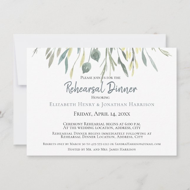 Invitación Elegante acuarela deja una moderna cena de ensayo (Anverso)