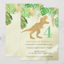 Invitación Elegante acuarela Dinosaurio Green Gold Birday