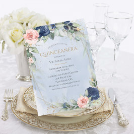 Invitación Elegante acuarela dorada azul rosa Quinceañera