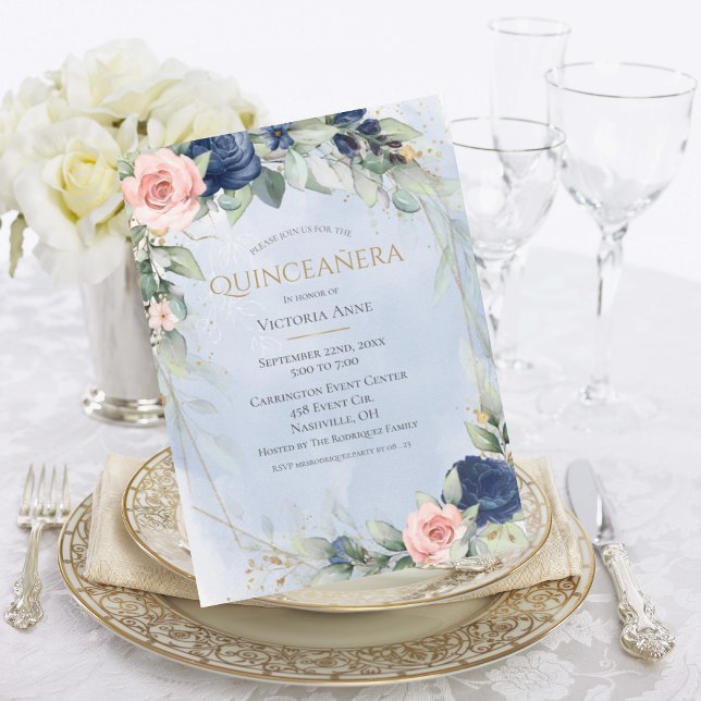 Invitación Elegante acuarela dorada azul rosa Quinceañera (Subido por el creador)