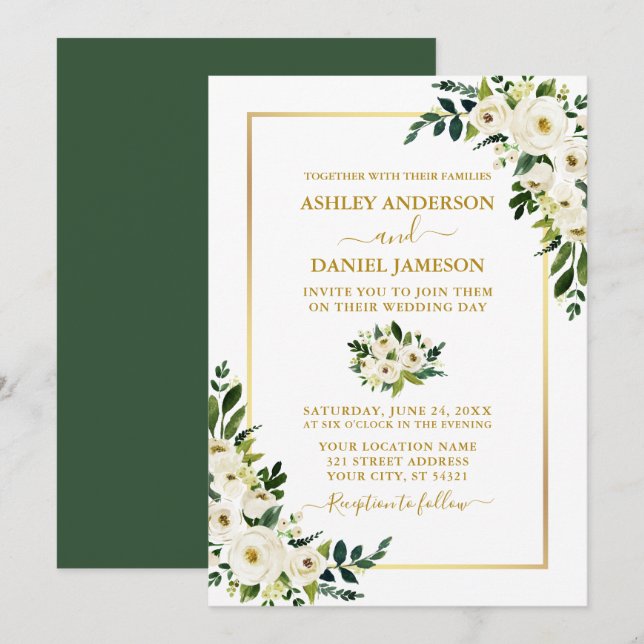 Invitación Elegante acuarela dorada Boda floral verde blanco (Anverso / Reverso)