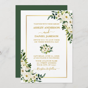 Invitación Elegante acuarela dorada Boda floral verde blanco