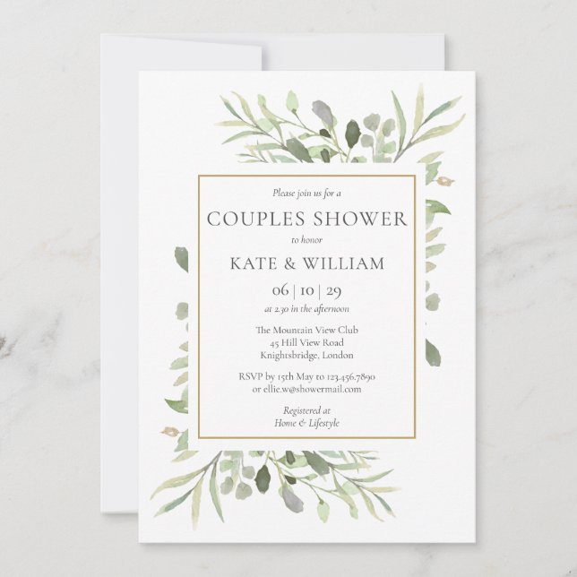 Invitación Elegante acuarela dorada Verdor Ducha de Parejas (Anverso)