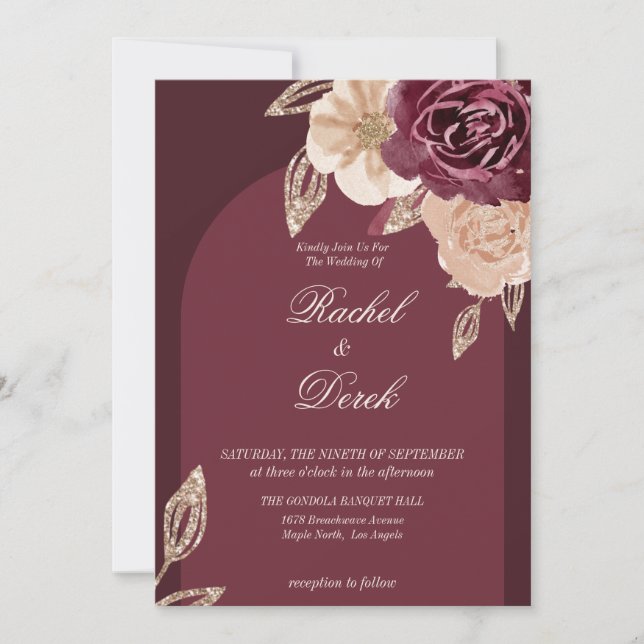 Invitación Elegante acuarela Dorado Borgoña Boda floral (Anverso)
