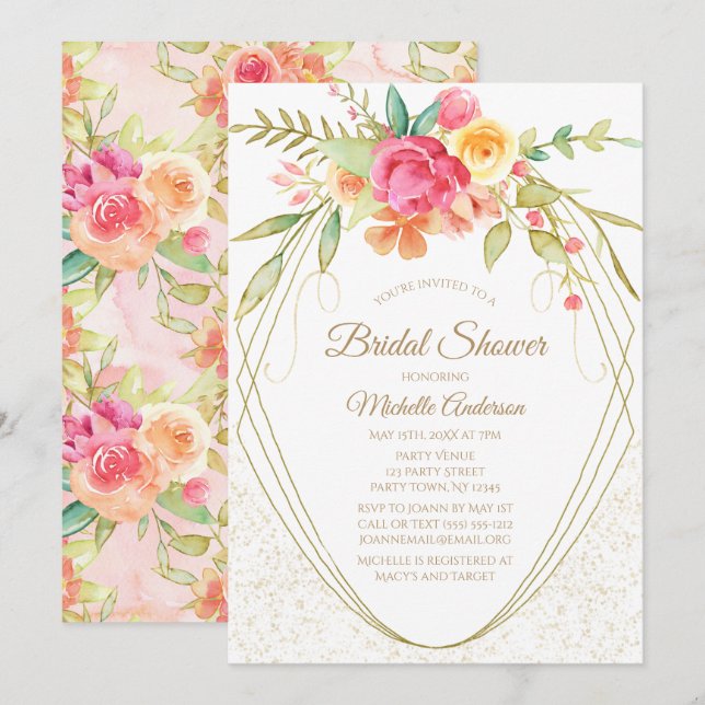 Invitación Elegante acuarela Dorado rosa Floral Bridal Ducha (Anverso / Reverso)