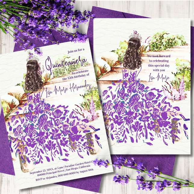 Invitación Elegante acuarela Dreamy Vestido Púrpura Quinceañe (Subido por el creador)