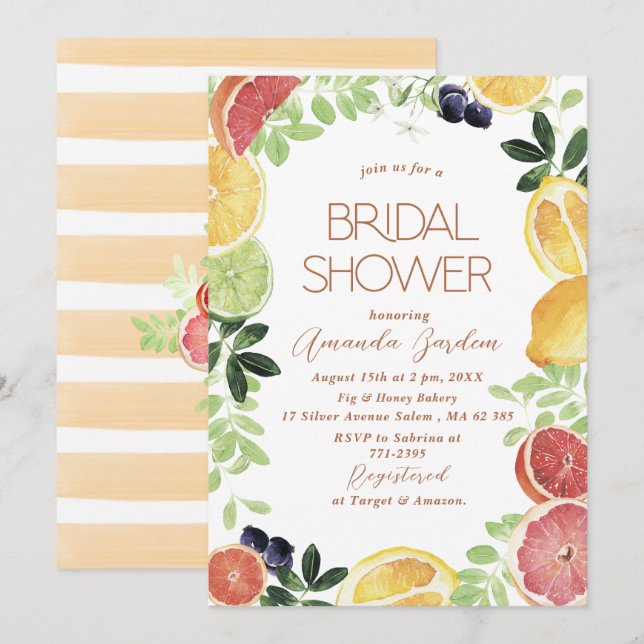 Invitación Elegante acuarela ducha de novia Citrus (Anverso / Reverso)