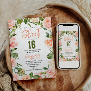 Invitación Elegante acuarela dulce floral dieciséis
