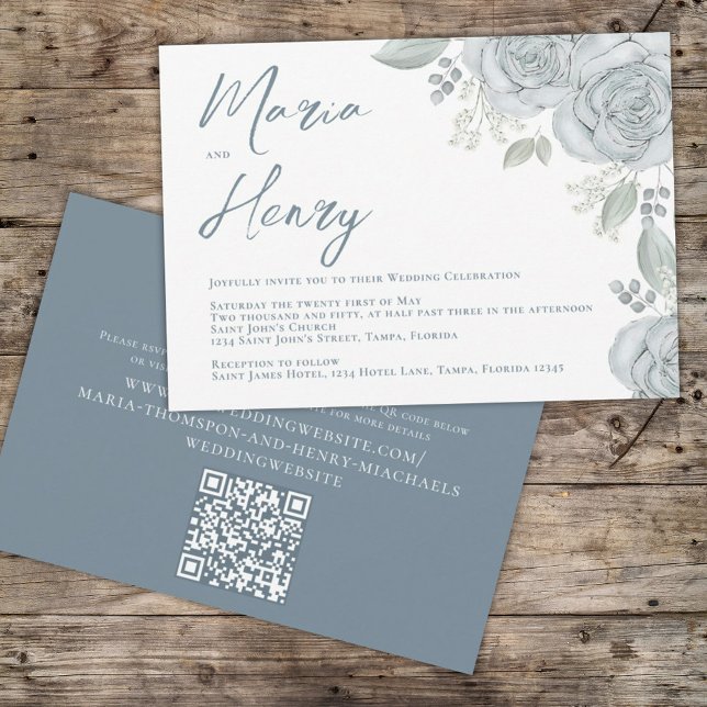 Invitación Elegante acuarela Dusty Azul Floral Rosa QR Código (Subido por el creador)