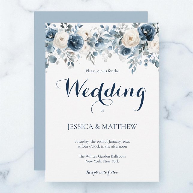Invitación Elegante acuarela Dusty Blue Floral Boda (Elegant Watercolor Dusty Blue White Floral Wedding Invitation)