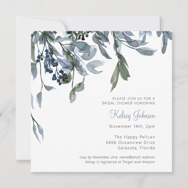 Invitación Elegante acuarela Dusty Blue Floral Bridal Shower (Anverso)