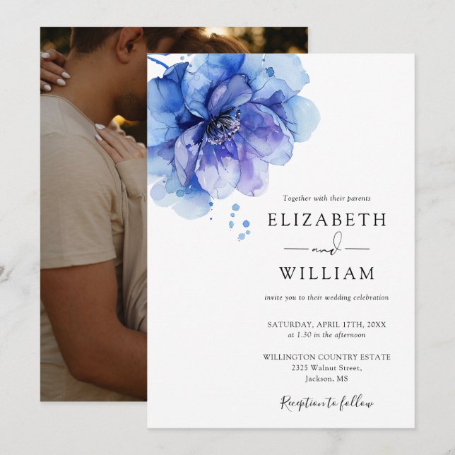 Invitación Elegante acuarela Dusty Blue Floral Photo Boda (Anverso / Reverso)