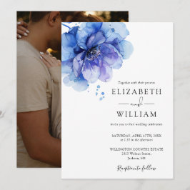 Invitación Elegante acuarela Dusty Blue Floral Photo Boda