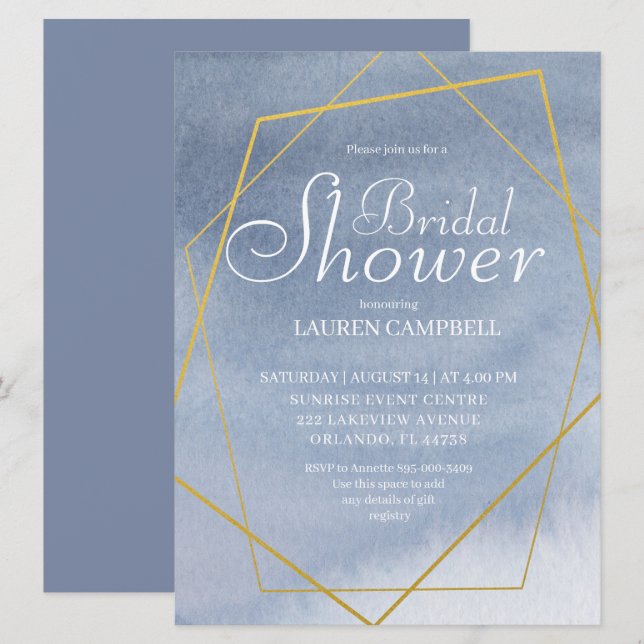 Invitación Elegante acuarela Dusty Blue Gold Geométrico (Anverso / Reverso)